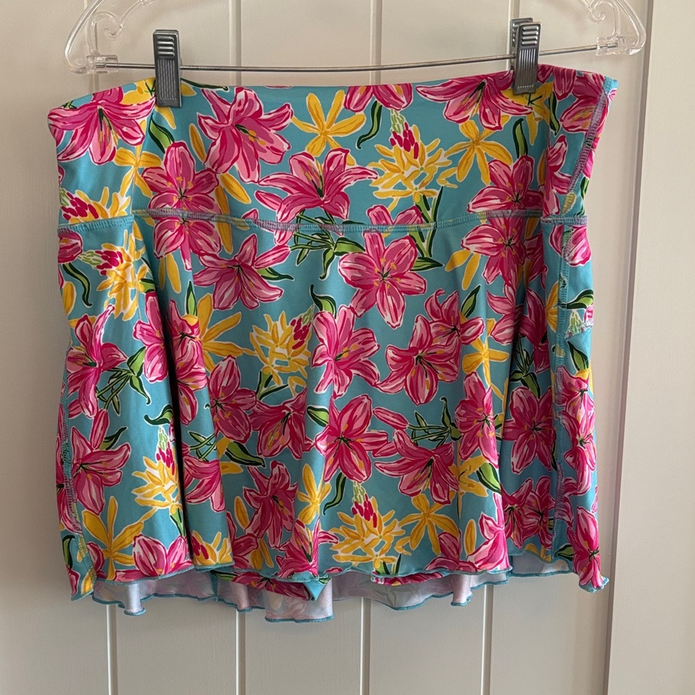 X by Gottex Floral A-Line Skirt in Aqua with Pink & Yellow Flowers
